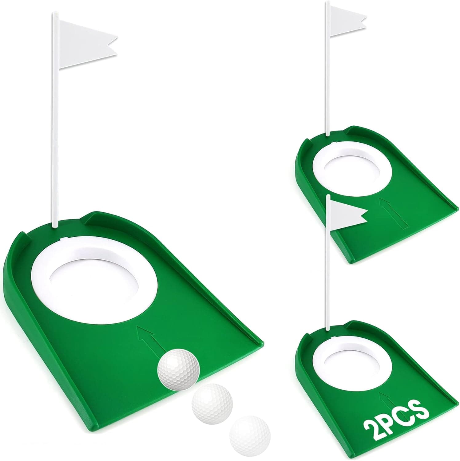 Rovepic 2 Pack Golf Putting Cup Practice Golf Mat Cup with White Flag Putting Training Hole Sport Tool Indoor Outdoor Portable Golf Accuracy Plastic Training Aids Green Golf Putter Regulation Cup