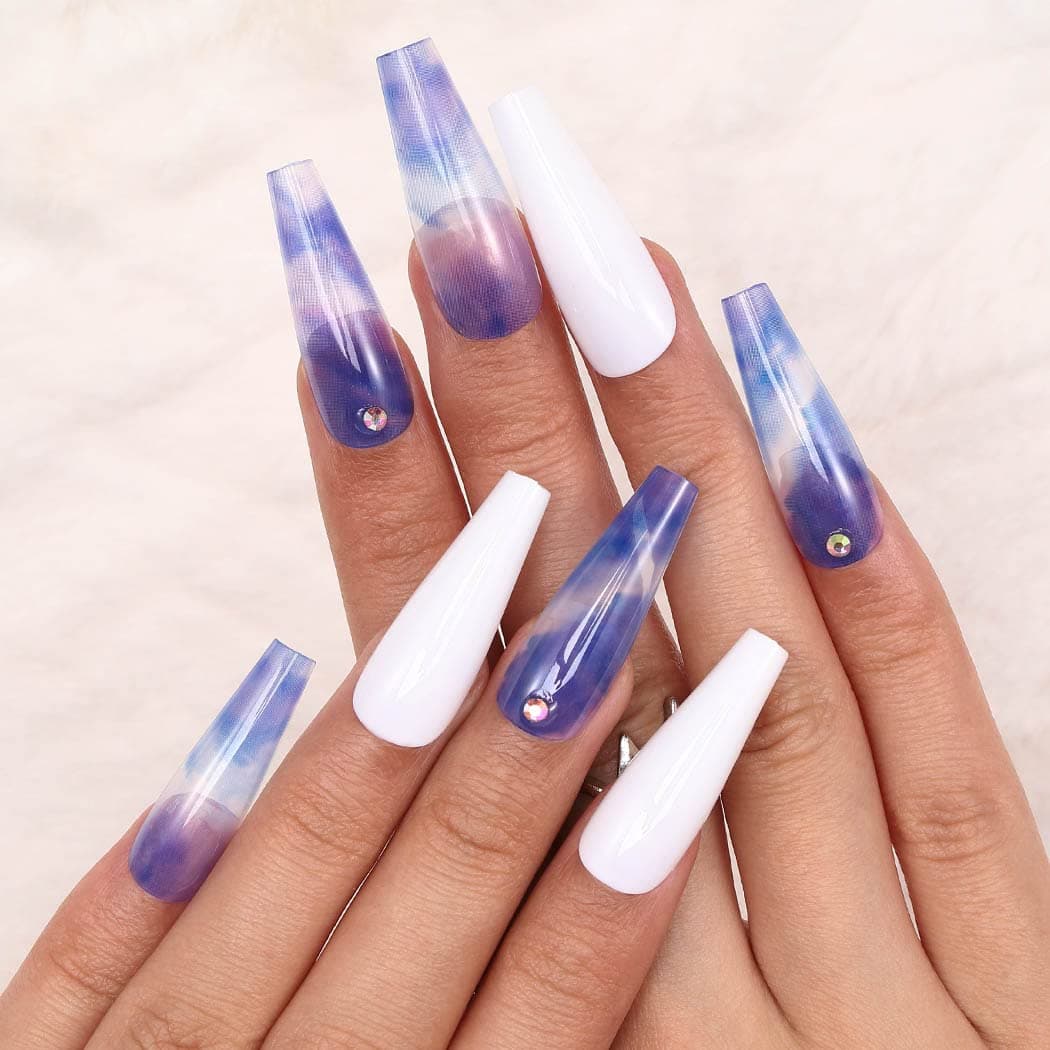 Aksod Glossy Purple Fake Nails Long Coffin Marble Press on Nails Glitter Rhinestone Ballerina Designed Full Cover Artificial False Nails Tips for Women and Girls 24Pcs (H)