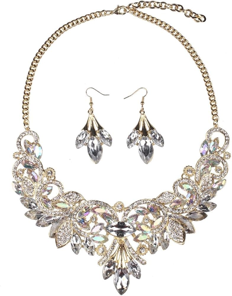 Hamer Gothic Jewelry White and Black Crystal Charms Choker Necklace and Earrings Wedding Jewelry Sets for Brides Prom Costume Jewelry for Women