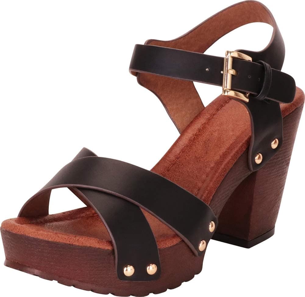 Cambridge Select Women's Retro 70s Studded Clog Crisscross Strappy Chunky Platform Block Heel Sandal,7.5 B(M) US,Black PU
