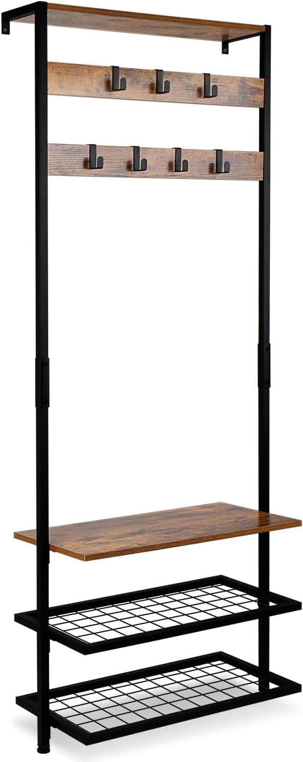 Leopard Hall Tree, Entryway Coat Rack, Against the Wall Narrow Hall Trees with Shoe Racks, Storage Shelf Organizer, Accent Furniture with Metal Frame, Rustic Brown