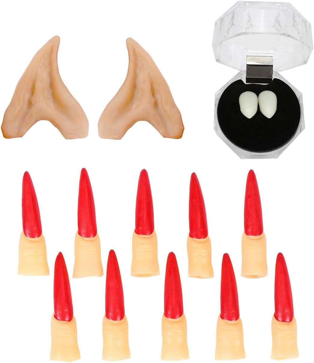 CCbeauty 10Pcs Halloween Scary Claws Witches Nails Spooky Fake Finger,Vampire Teeth Fangs with Storage Boxes & Elf Ears Cosplay Party Horror Props Set Accessories Kit (Red)
