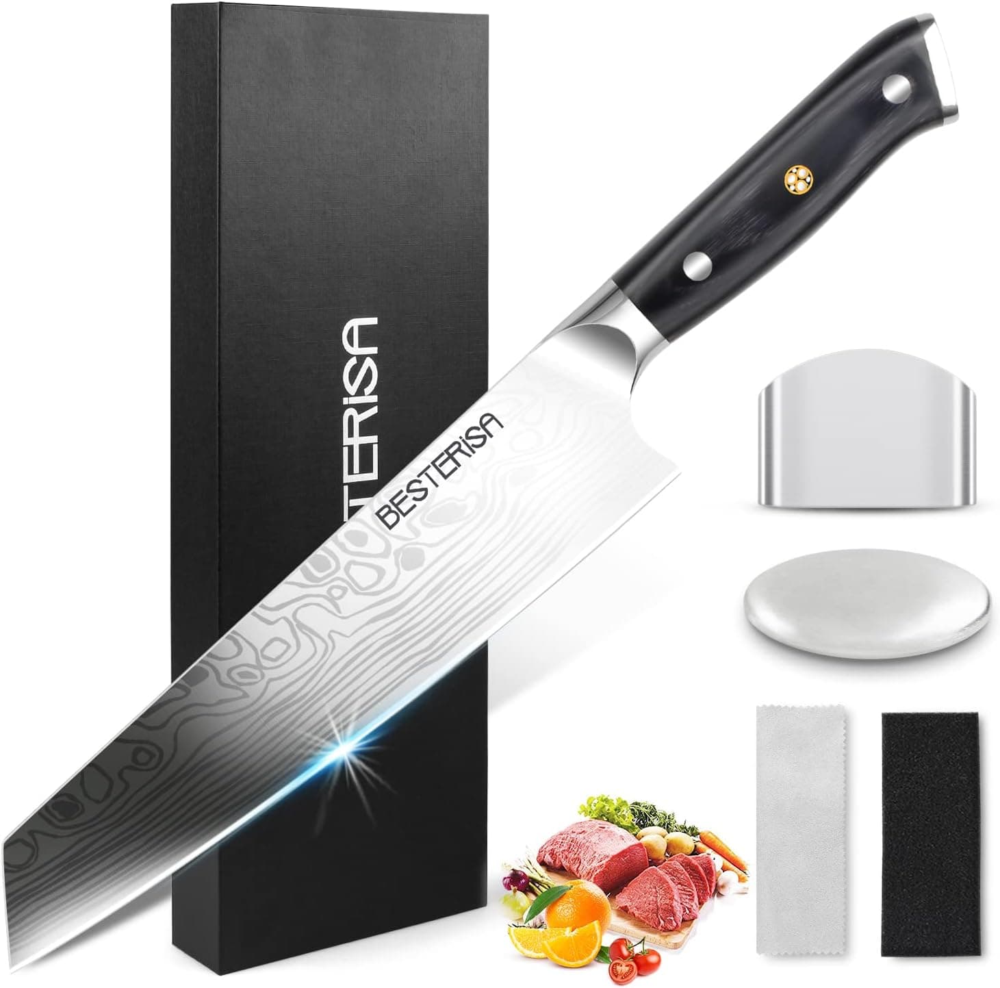 BESTERiSA Kiritsuke Chef Knife - 8 Inch Professional Chef Knife - High Carbon German Stainless Steel EN1.4116 Ultra Sharp Vegetable Meat Cleaver Knife with Knife Guard for Home Kitchen and Restaurant