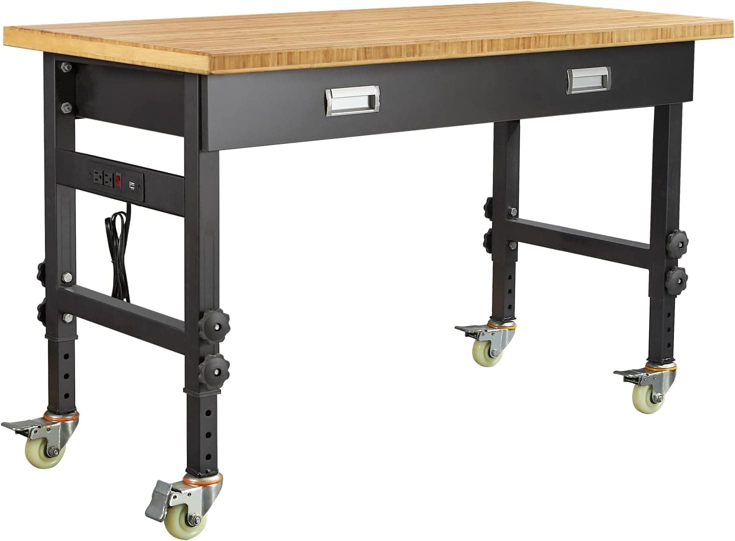 Work Benches for Garage Workbench with Drawers 47"x23"Bamboo Board with Drawer with Power Outlet with Removable Casters for Garage Office Steel basemetal casters Work Bench Garage