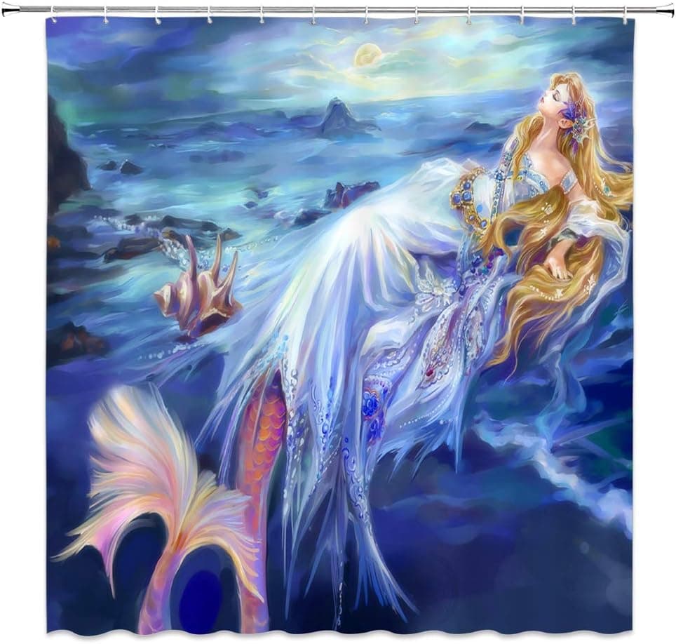 XZMAN Mermaid Shower Curtain Ocean Mermaid Princess Fairytale Fantasy Sea Life Watercolor Art Painting Vintage Home Bathroom Decor Quick Drying Polyester Fabric Set 70 Inches Include Hooks,Blue