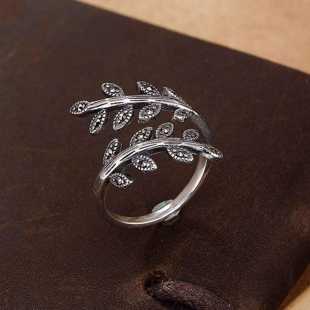 QiongXin Chinese Style Ring Jewelry S925 Pure Silver Ring Inlaid Marcasite Tree Leaf Fashion Retro Personality Female Open Ring Adjustable Opening