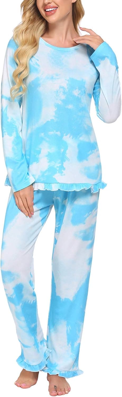 Ekouaer Pajamas Womens Long Sleeve Tie Dye Printed Tops and Pants 2 Piece PJ Set Joggers Sleepwear Nightwear Lounge Set