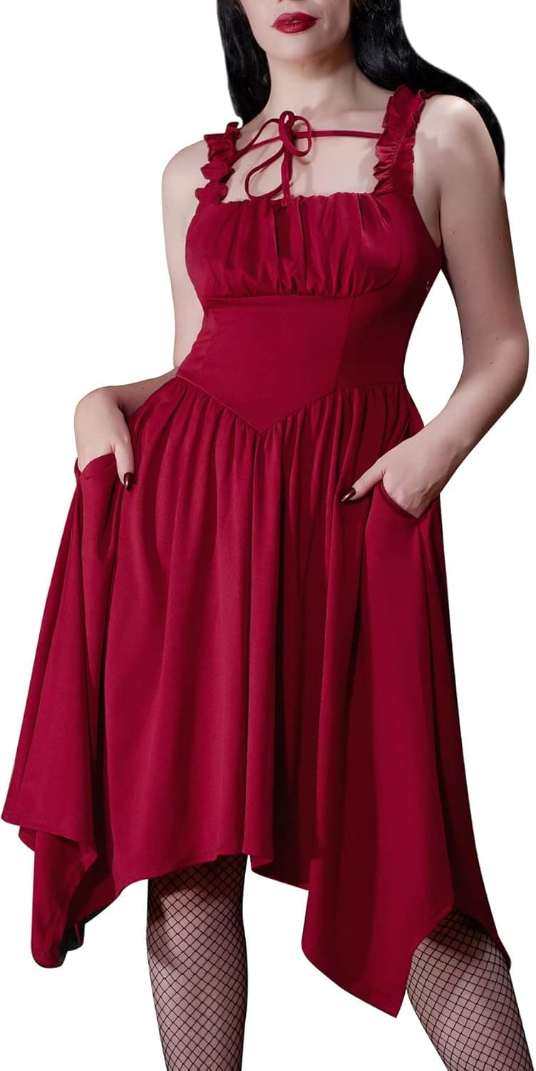 Women Gothic Skater Dress Vintage Ruched Bust Sleeveless Handkerchief Dress