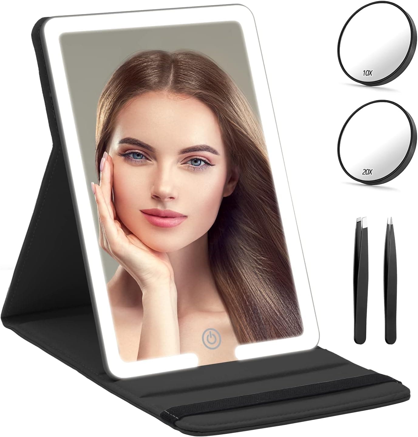 RRtide Lighted Travel Mirror with Detachable 3.5inch 10X & 20X Magnifying Mirror, Portable LED Tabletop Cosmetic Mirror of 8 * 5.5inch, PU Leather Cover Makeup Mirror for Travel, Cosmetic, Office