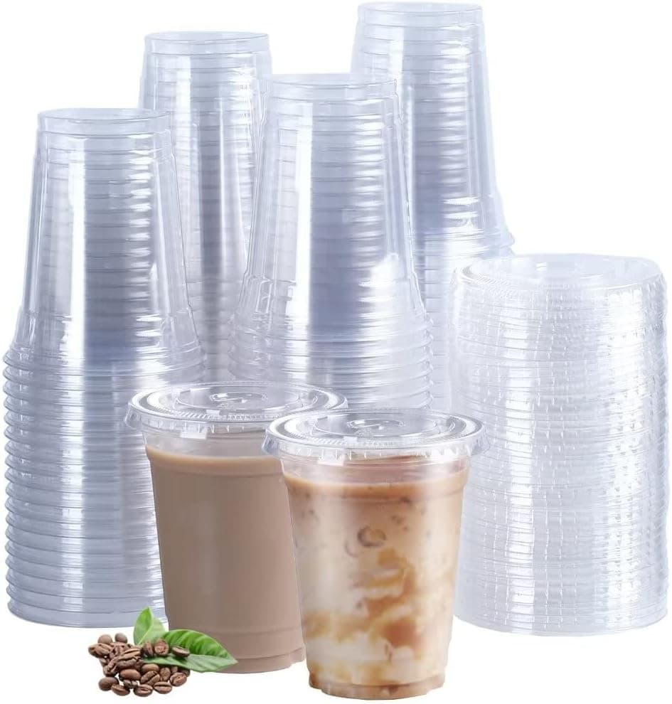 [100 PACK] 12oz Clear Plastic Cups With Flat Lids, Disposable Drinking Cups, 12 Ounce Cups-Cold PET Drinking Cups Perfect for Party, Picnic, BBQ, Travel, and Event