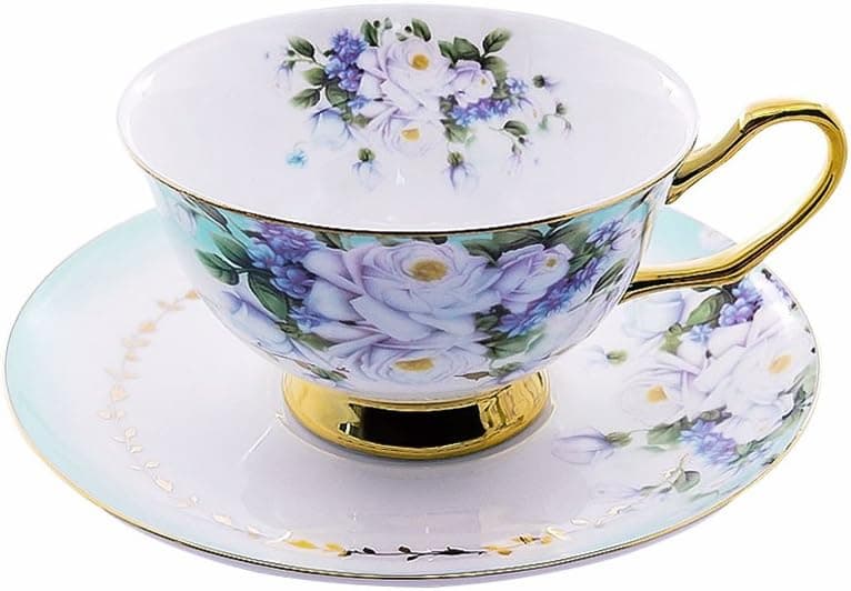 ACOOME Tea or Coffee Cup-6.8oz Bone China Royal Series Beautiful Flowers Tea Cup with Matching Saucer(Blue edge)