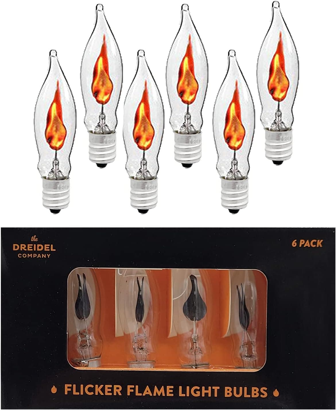 The Dreidel Company Flicker Flame Shaped Light Bulbs, E12 Replacement Bulbs, Dances with a Flickering Orange Glow, 1 Watt Bulb, 120 Volt (6-Pack)
