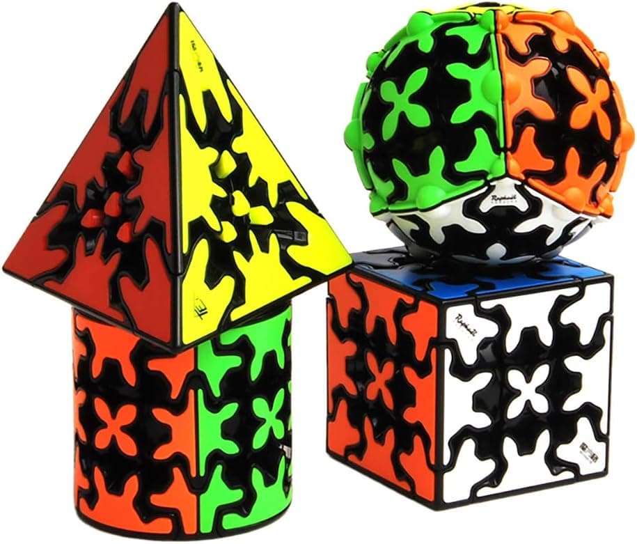Yealvin Gear Speed Cube Set, Gear Puzzle Cube Bundle of Gear Pyraminx Cube 3x3 Gear Cube Gear Cylindrical and Ball Cube Puzzle Toys for Kids 4Pcs