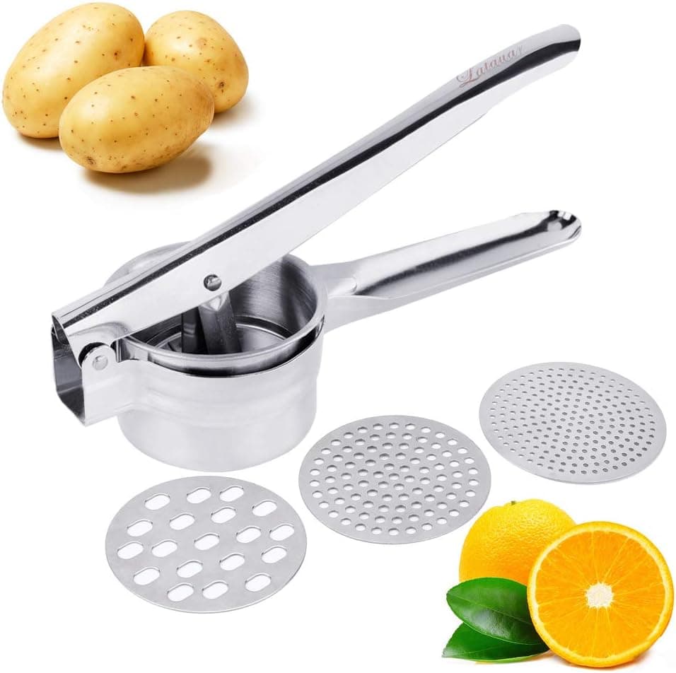 Premium Stainless Steel Potato Ricer Set with 3 Ricing Discs (Fine, Medium, Coarse) - Manual Masher, Baby Food Strainer, and Food Press with Ergonomic Comfort Grip. Dishwasher Safe