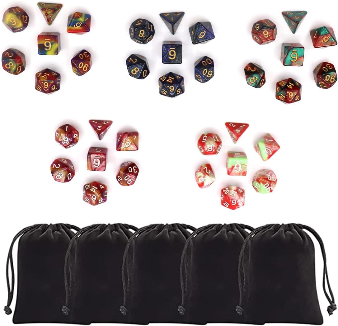 5 Complete DND Dice Set 35 PCS Polyhedral Dice for RPG Role Playing Dice with Exquisite Nylon Bag