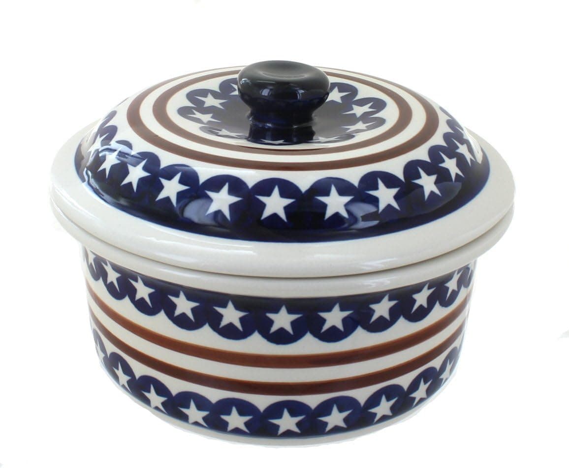 Blue Rose Polish Pottery Stars & Stripes Round Baker with Lid