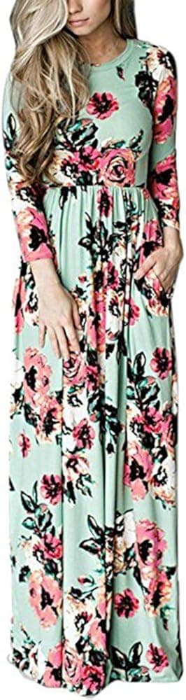 Sibylla Women's Floral Printing Dress Round Neck Boho Plus Size Long Maxi Dress for Beach Party (XXX-Large, Green(Long Sleeve))