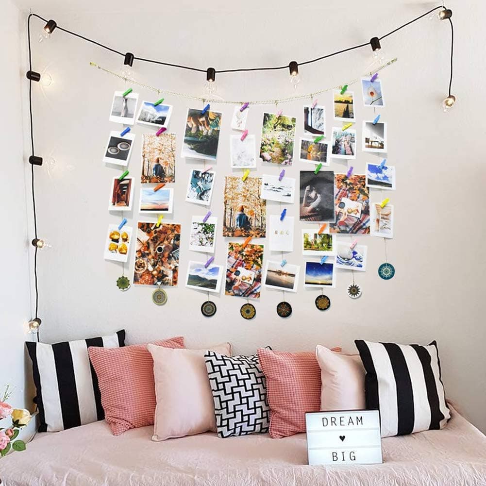 DrCor Hanging Photo Display for Teen Girls Bedroom DIY Adjustable Mandala Picture Organizer with Wood Clips(3ftx2ft)
