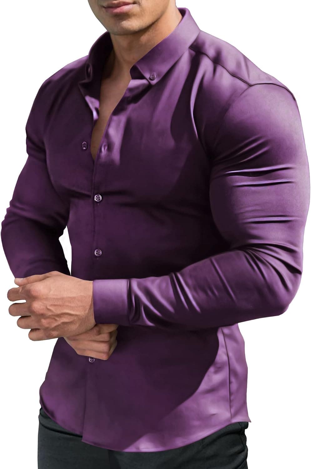 URRU Men's Muscle Dress Shirts Slim Fit Stretch Long&Short Sleeve Casual Button Down Shirt