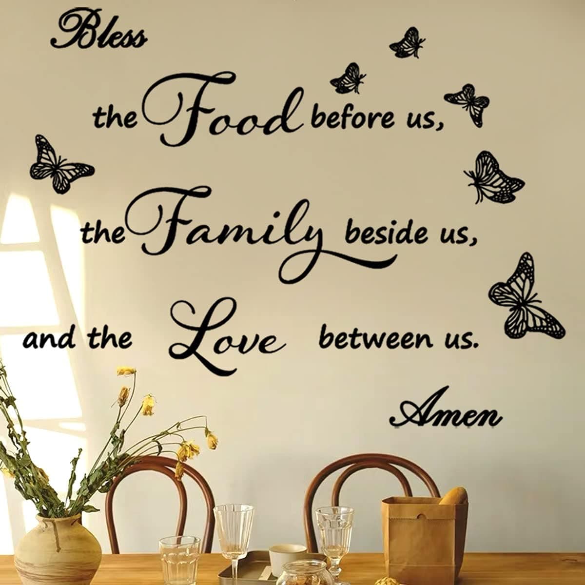 Wall Sticker Family Love Positive Quote Bless This Food Before Us The Family Beside Us and The Love Between Us Wall Decals for Living Room Kitchen Dining Room Prayer Wall Decor.