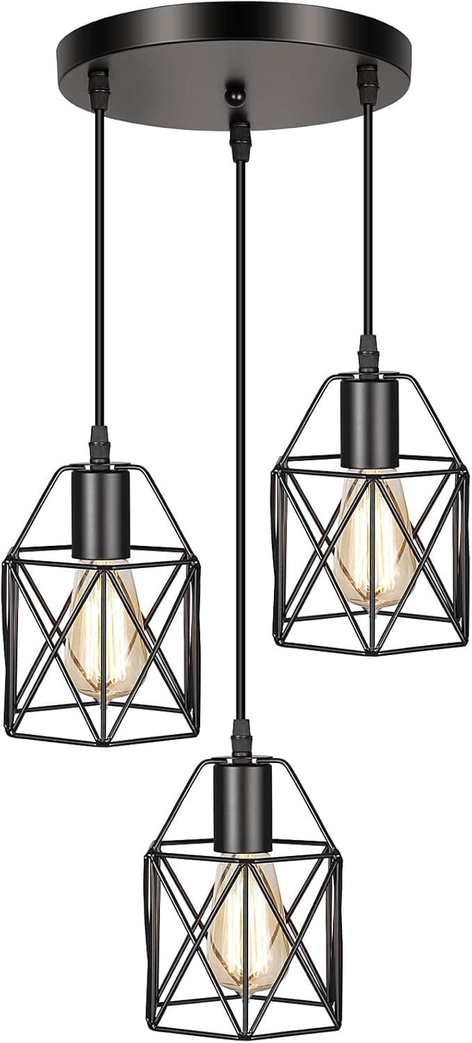 3-Light Industrial Pendant Light, Farmhouse Light Fixture with Adjustable Cord, E26 Base Semi-flush Mount Metal Caged Hanging Light Fixture for Kitchen Dining Room Living Room, Bulbs Not Included