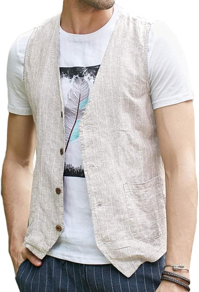 Runcati Mens Linen Cotton Suit Button Up Vest Casual Striped Basic Lightweight Slim Fit Pockets Waistcoat