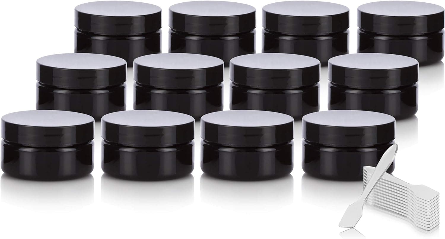 JUVITUS Black PET Plastic (BPA Free) Refillable Low Profile Jar - 2 oz / 60 ml (12 PACK) + Spatulas
