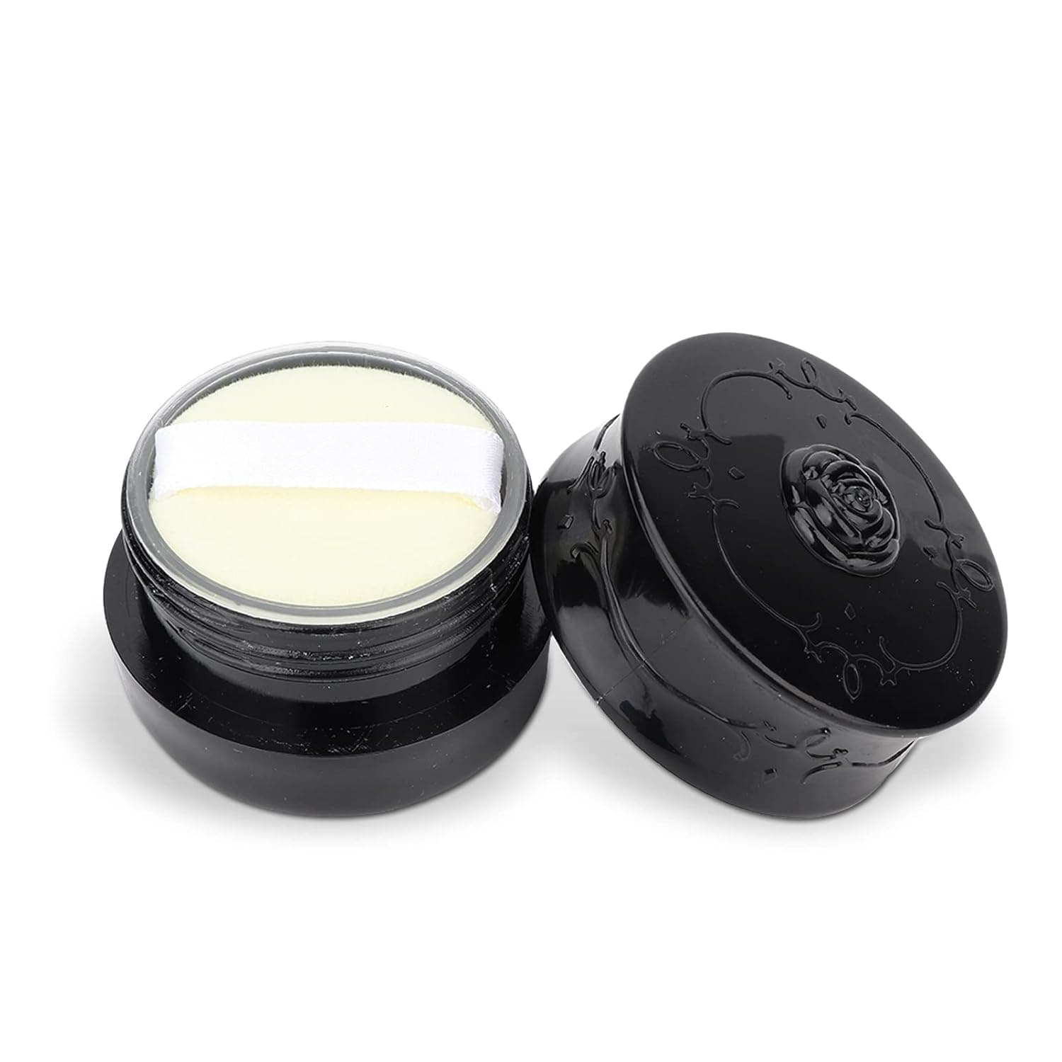 Agatige Makeup Powder Compact Empty, Small Portable Vintage Rose Empty Loose Powder Container Box with Sifter and Powder Puff, 2.2 x 1.4 in(Black)