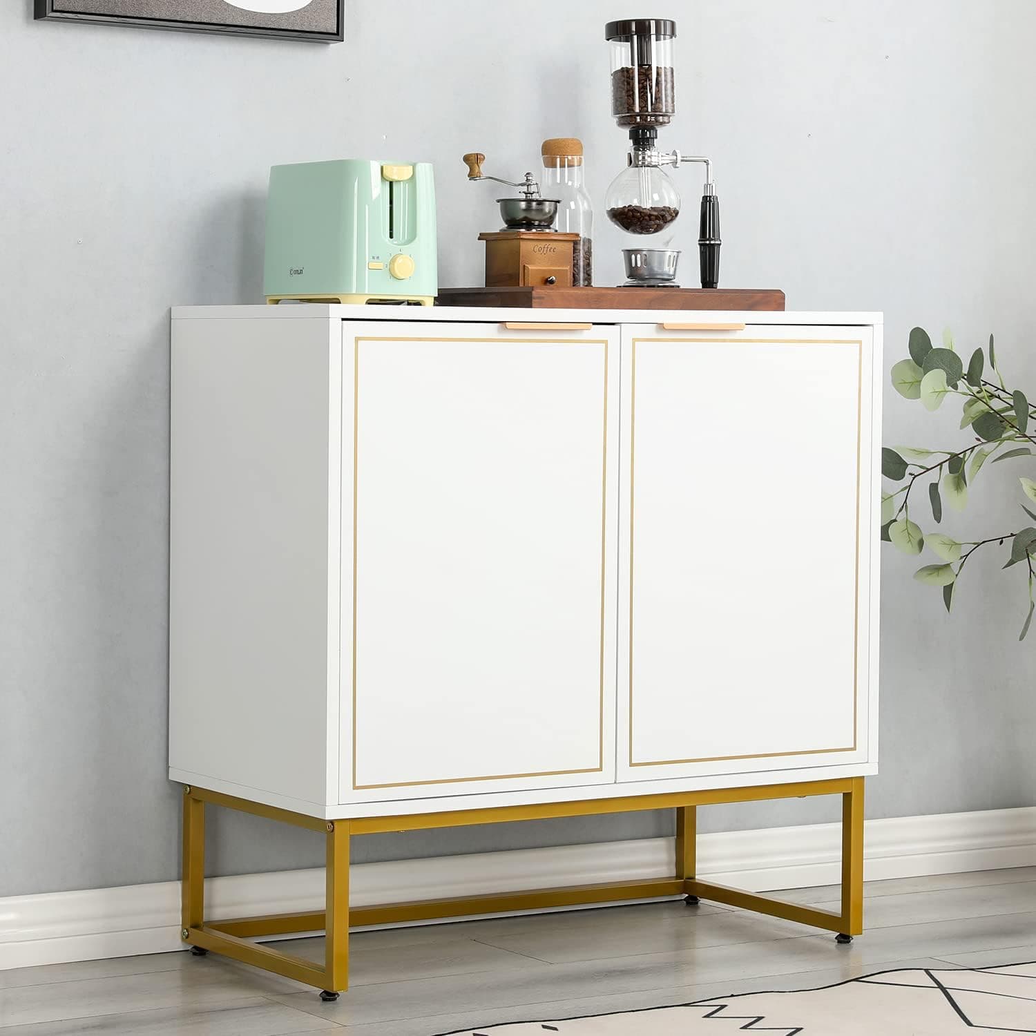 EROMMY 31'' Buffet Cabinet with Storage, Accent Cabinet with 2 Doors, Gold Trim and Golden Legs, Wooden Sideboard with Adjustable Shelf and Feet for Bedroom, Living Room, Kitchen, Entryway, White