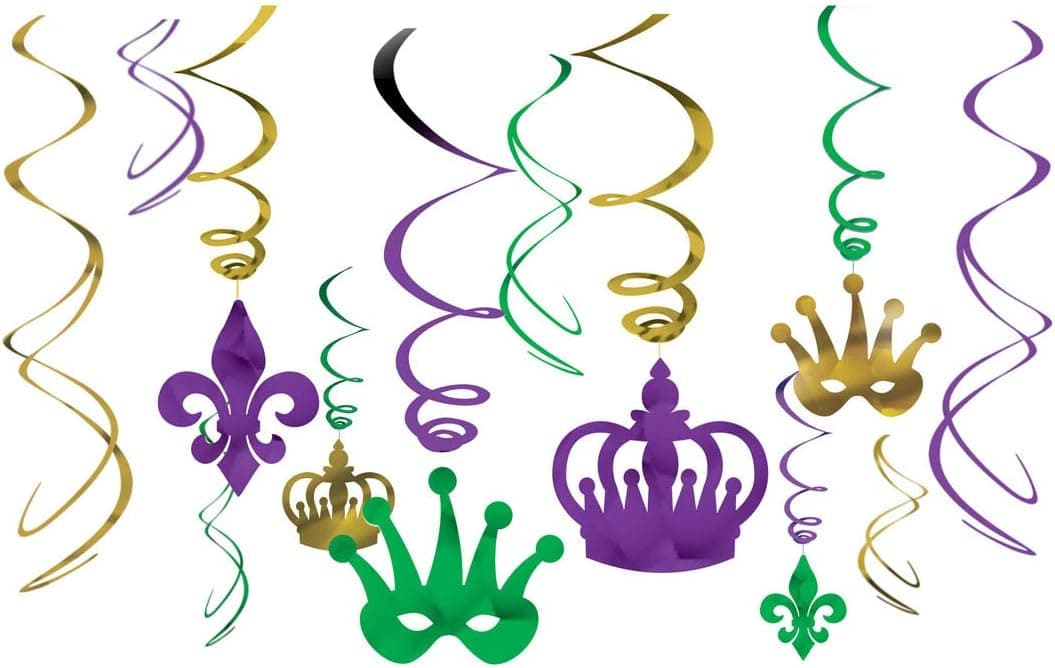amscan Vibrant Mardi Gras Party Crown & Mask Swirl Ceiling Decorating Kit (2 X 12 Piece), Multi Color, 10 x 9.5 (2 Pack) (2)