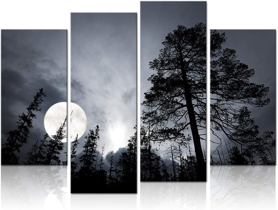 Artsbay Moon Wall Art Decor Black and White 4 Piece Moon in Tree Forest Peaceful Nights Landscape Pictures Painting Canvas Print Modern Stretched and Framed Home Decor for Office Living Room Bedroom