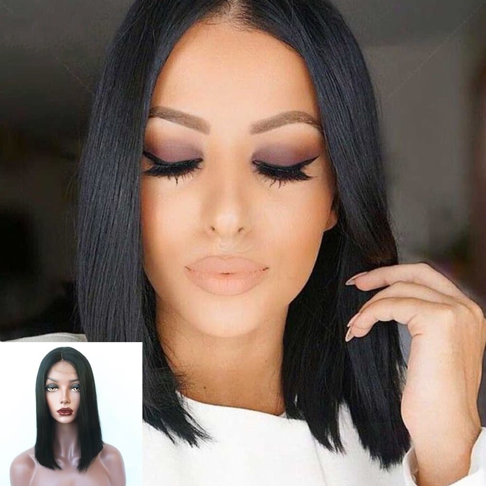 Dovie Hair Glueless Silky Straight Short Bob Wig Brazilian Virgin Human Hair Wigs for Women Middle Part (12", Natural Color)