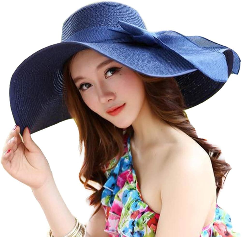 Women's Folable Floppy Hat,Wide Brim Sun Protection Straw Hat, Summer UV Protection Beach Cap(L)