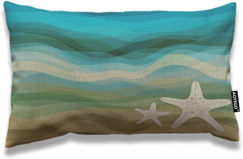 AOYEGO Wave Throw Pillow Cover 12x20 Inch Ocean Sea Waves Starfish Sandy Beach Aquatic Rectangle Pillow Cases Home Decorative Cotton Linen Cushion Cover for Bed Sofa Beige Blue