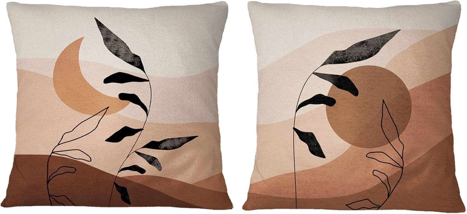 Tritard Abstract Boho Throw Pillow Covers Modern Artwork Pillowcase Home Decorative Set of 2 Outdoor Brown Minimalist Sun Leaf Square Cushion Covers for Living Room Sofa