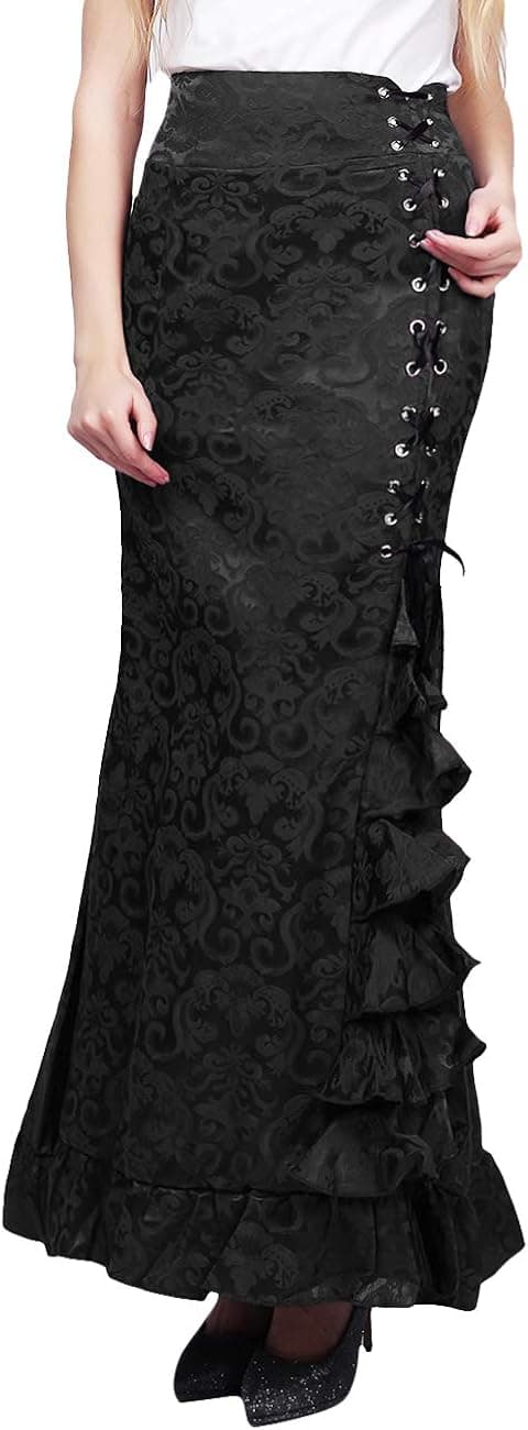 ECDAHICC Women's Gothic Vintage Victorian Steampunk Lace-Up Tiered Ruffled Fishtail Mermaid Maxi Skirt