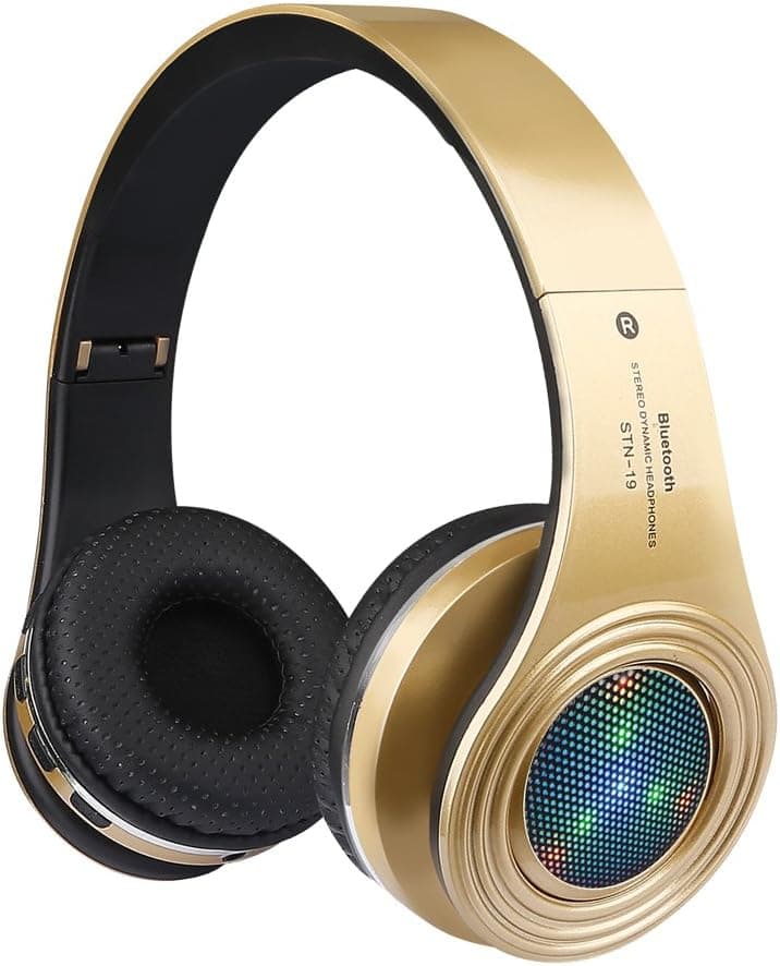 Bluetooth Headphones Wireless,Over Ear LED Light Up Headset with Mic, Stereo Sound,for Cellphone Tablets Computer for Kids Children Boy Adult-Gold