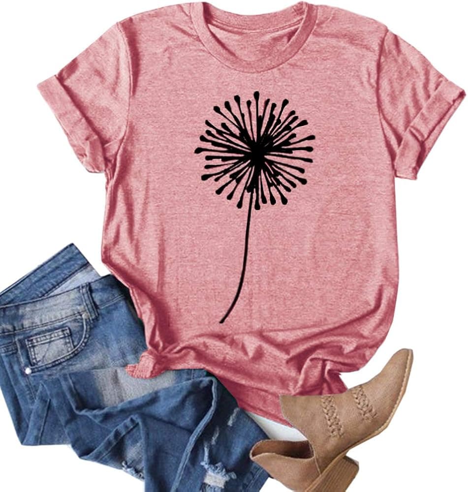 Cicy Bell Women's Dandelion Print T Shirts Cute Graphic Tees Short Sleeve Summer Cotton Tee Tops