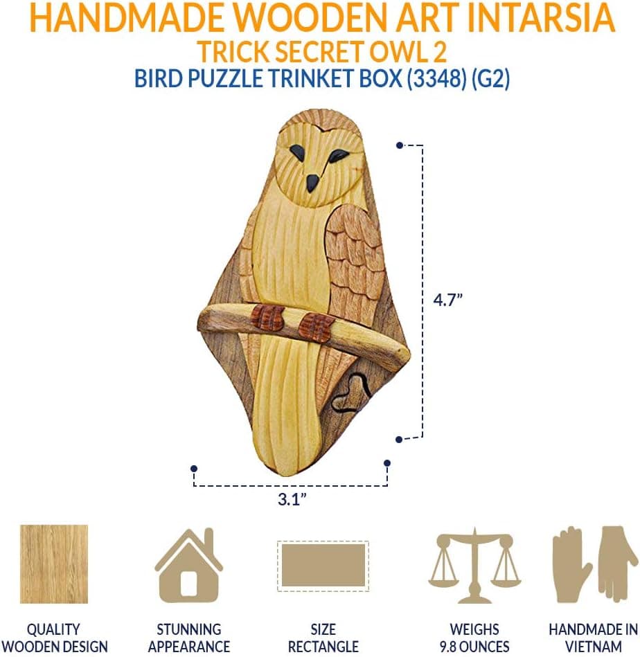 South Asia Trading Handmade Wooden Art Intarsia TRICK SECRET Owl 2 Bird Puzzle Trinket Box (3348) (g2)