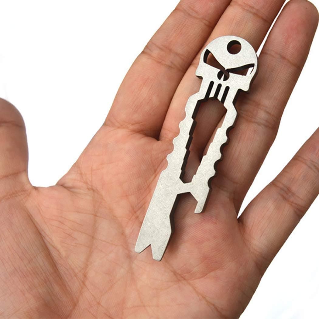 Harlorki Multi-function Skull EDC Tool Pocket Stainless Steel Key Ring Bottle Opener (Silver)