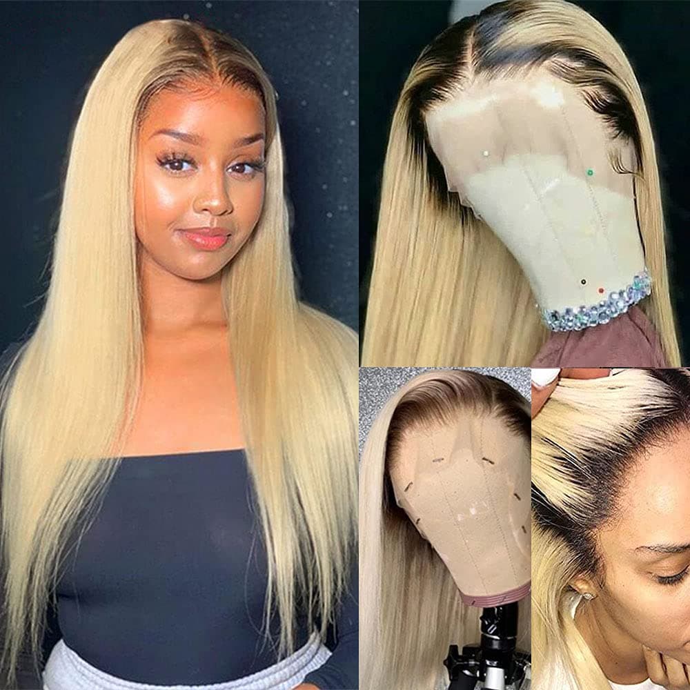 13x4 Lace Font Wigs Ombre Blonde Human Hair with Silk Straight Dark Root #1b/613 Lace Frontal Wigs Pre Plucked Hair Line Bleached Knots with Baby Hair for Women 22inch 150% Density(Could be Restyled)