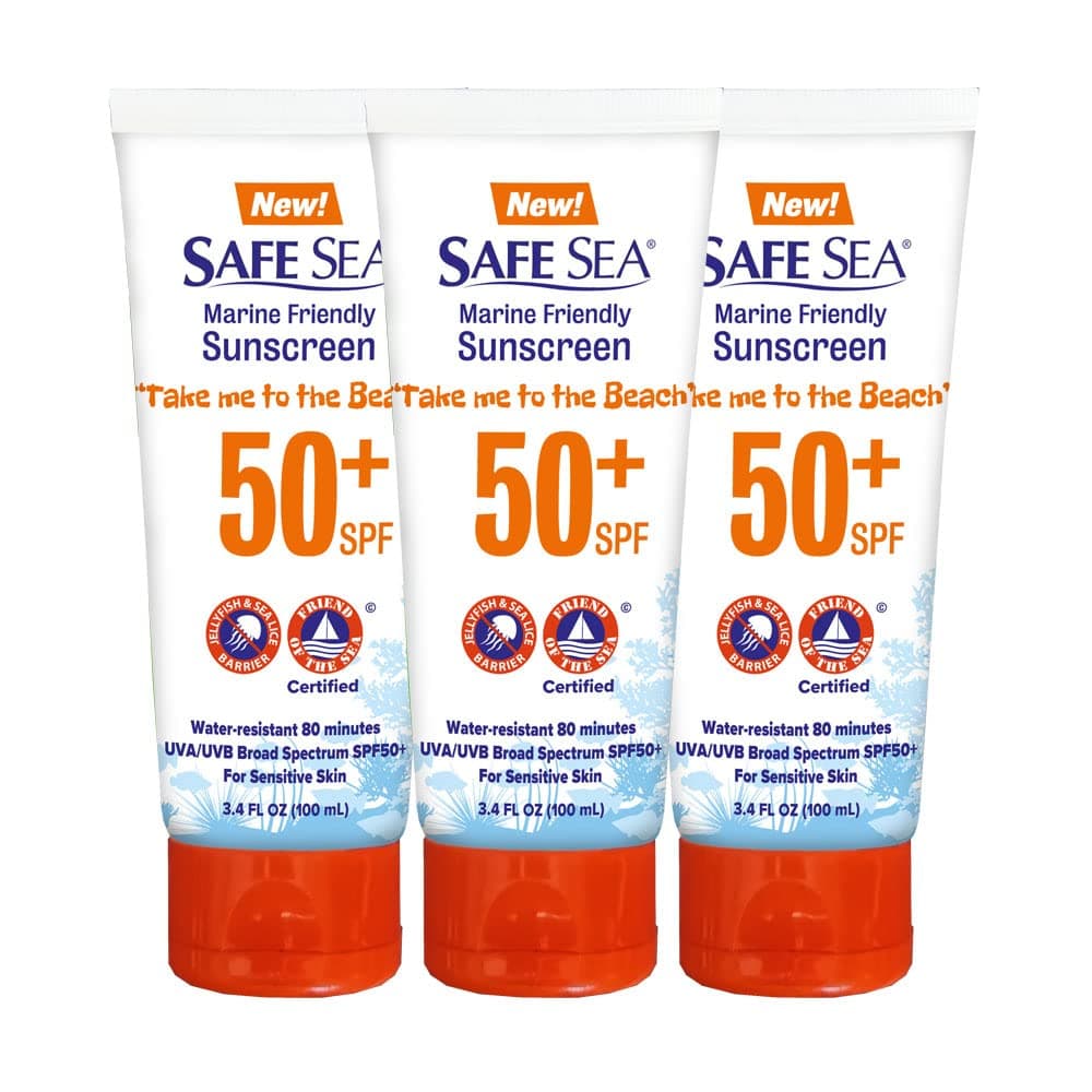 SAFE SEA Jellyfish Sting-Blocking Sunscreen, SPF 50+ travel Size Lotion, Waterproof, Biodegradable, Coral Reef-Safe – Body and Face Sunscreen, Anti-Jellyfish and Sea-Lice sting protection (Tube 3.4 oz 3 pack)