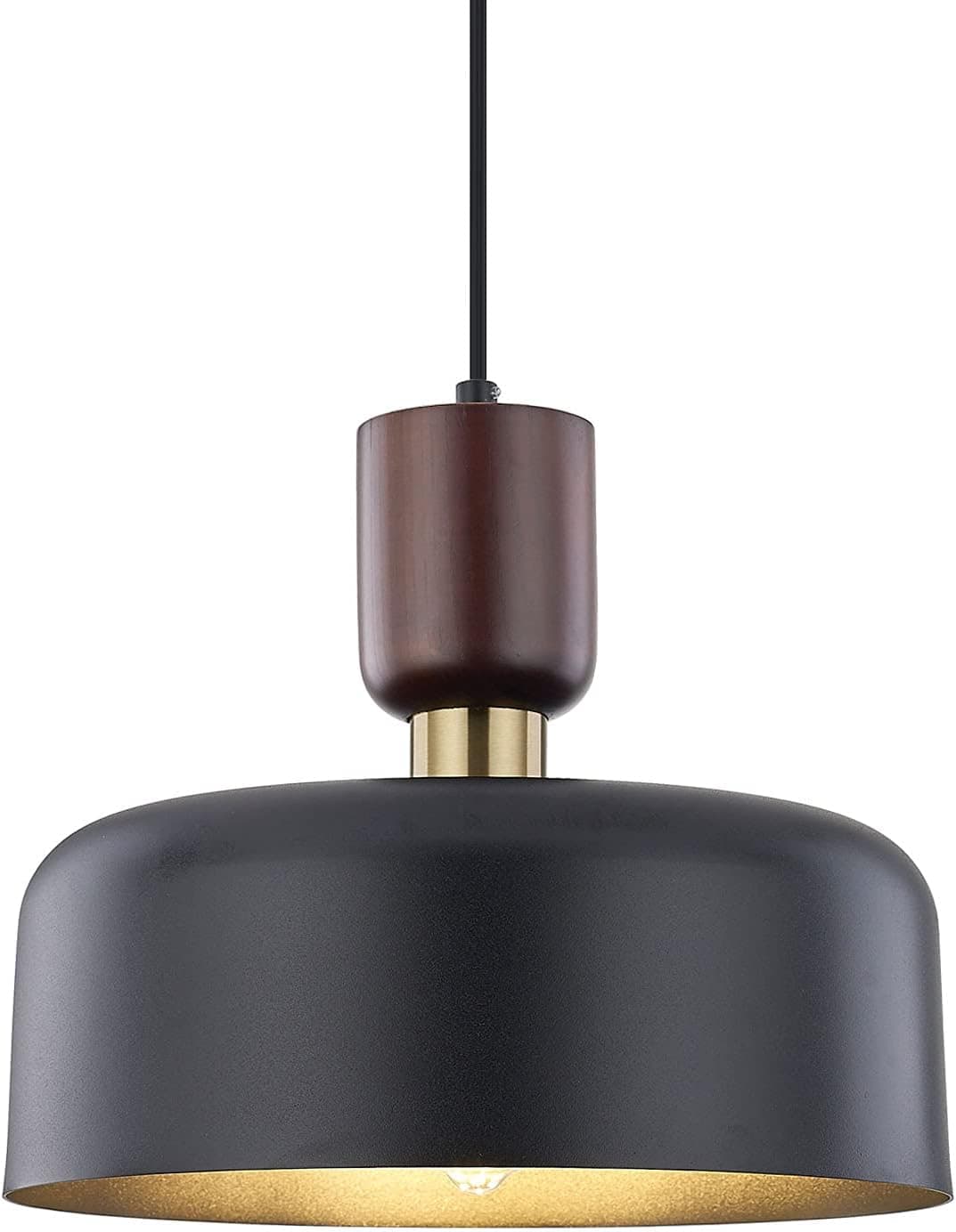 Black Pendant Lighting,12 Inch Large Pendant Lamp,Wood and Brass Accent,Adjustable Metal Hanging Light Fixture for Kitchen Island, Dining Room, Bathroom,Bedroom,Black
