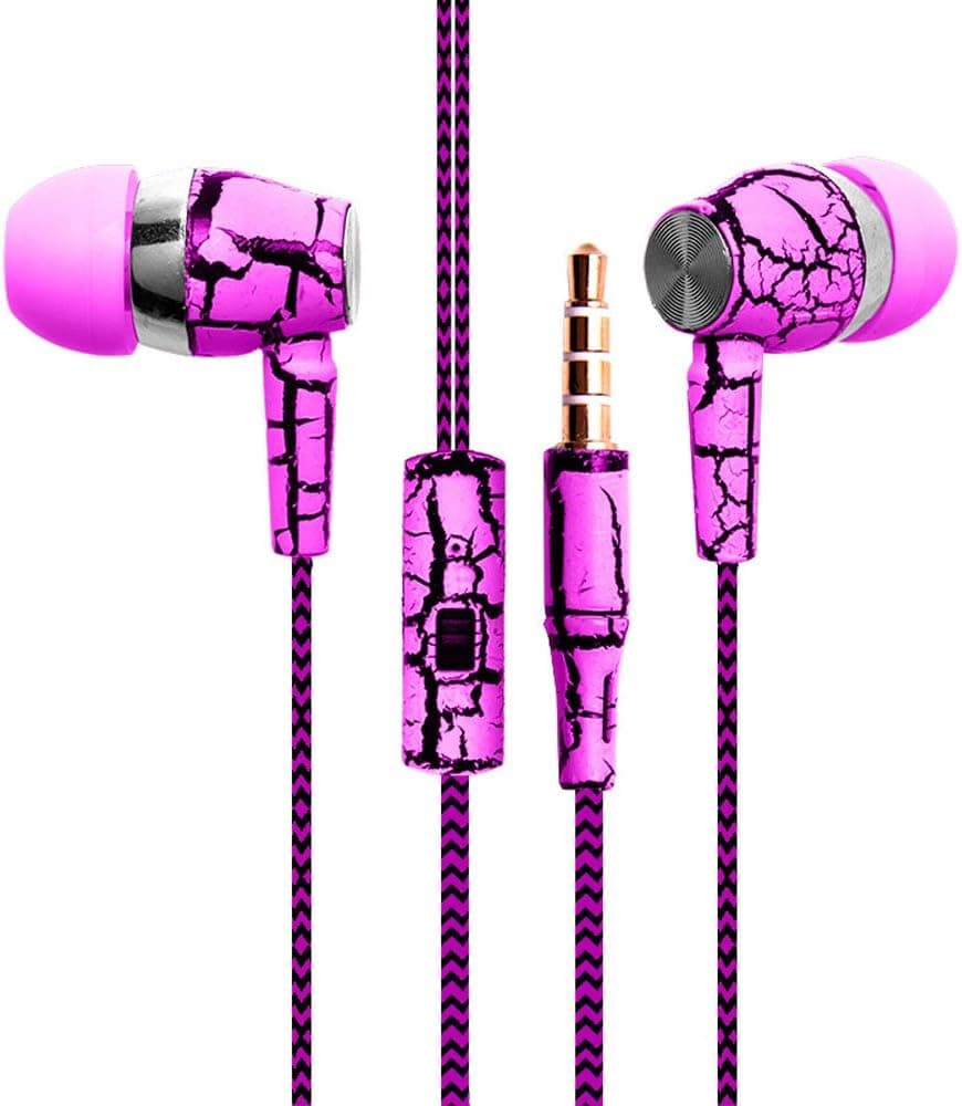 Efanr Crack Woven Cord Wired Headphone Heavy Bass in-Ear Earbuds with Mic Call Talking Music Headset Earphones Compatible with Samsung HTC LG Android Smartphones Laptop Computer (Rose Red)
