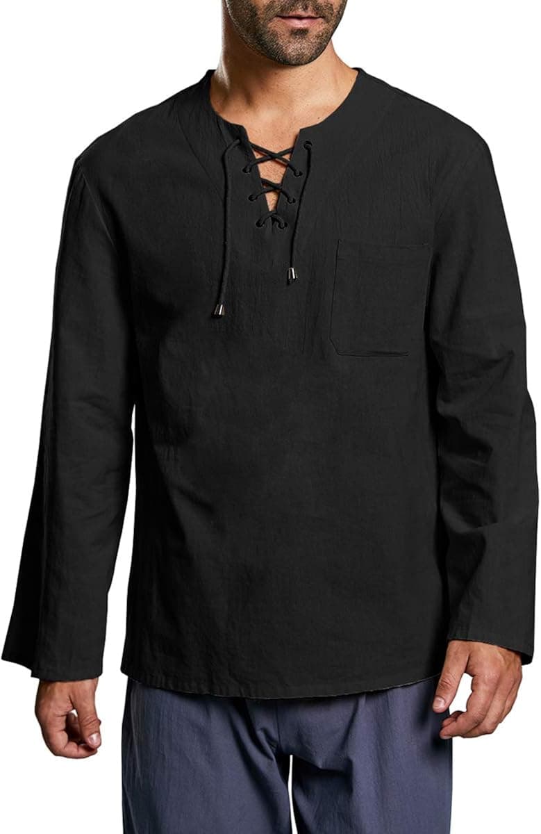 Taoliyuan Mens Long Sleeve T Shirts Lace up Casual Hippie Cotton Summer Beach V Neck Loose Fit Yoga Top