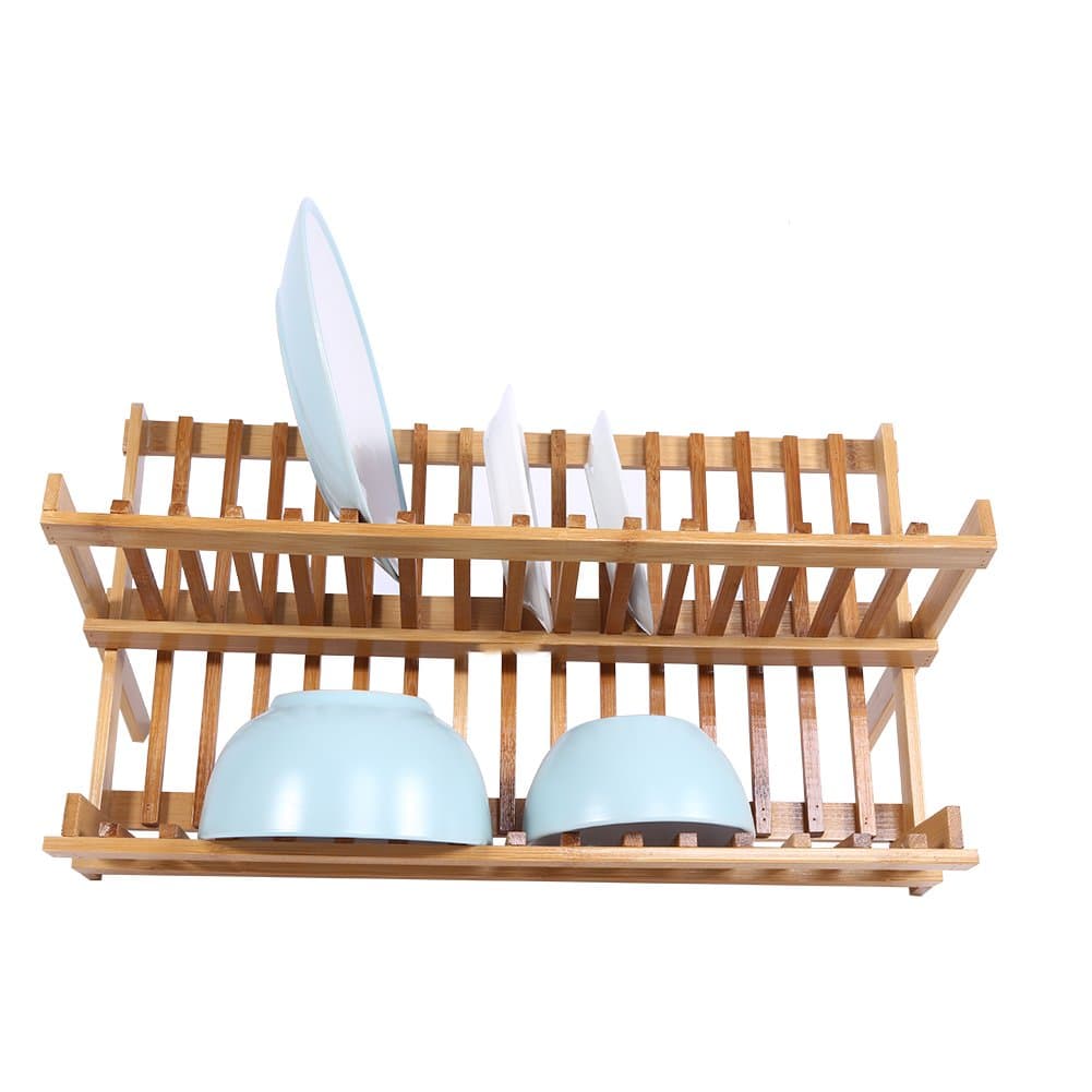 Bamboo Dish Rack,Double Tier Wooden Foldable Sink Dish Drainer Plate Cutlery Dryer Draining Rack Holder for Drying Glasses, Silverware, Bowls and Plates