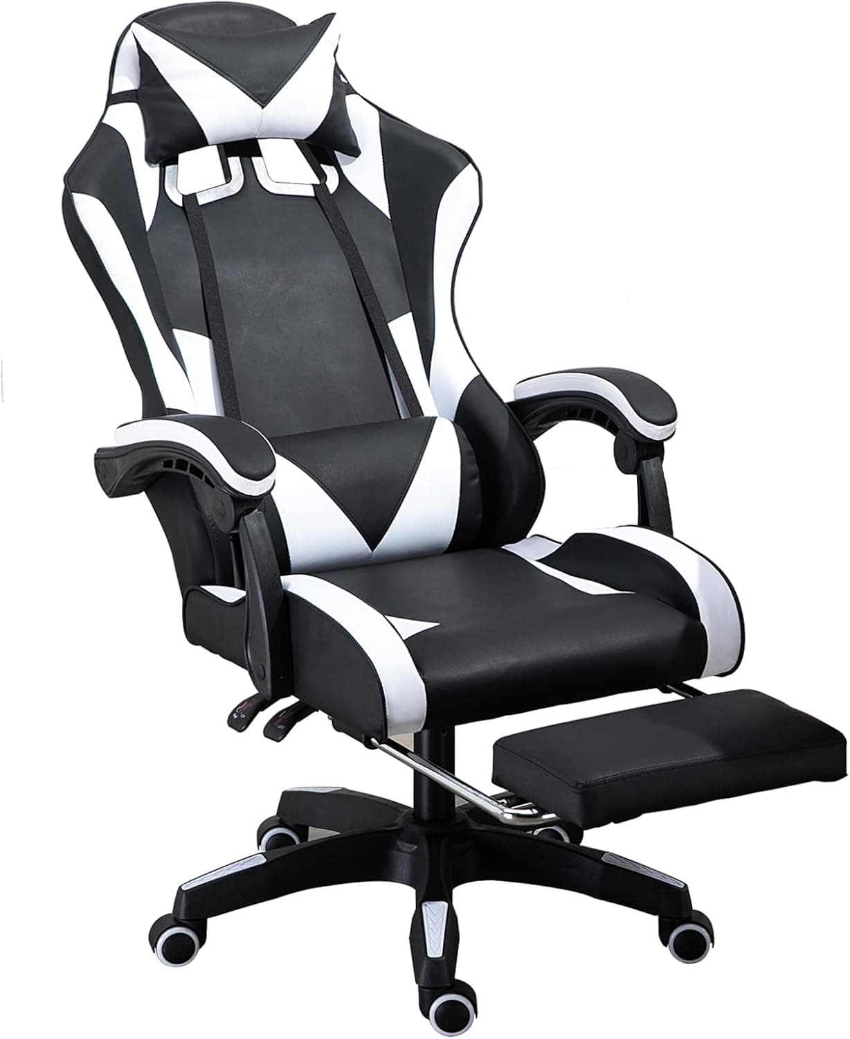 White Gaming Chair with Footrest Ergonomic Gaming Chair Racing Game Chair with Lumbar Support Adjustable Height Comfortable Gaming Chair PU Leather 19" Computer Chair for Adults Teens