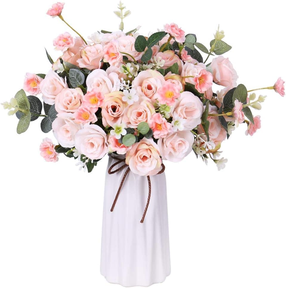 Artificial Flowers with Vase Silk Fake Roses Wedding Flowers Bouquets for Home Table Office Party Patio Decoration (Light Pink)