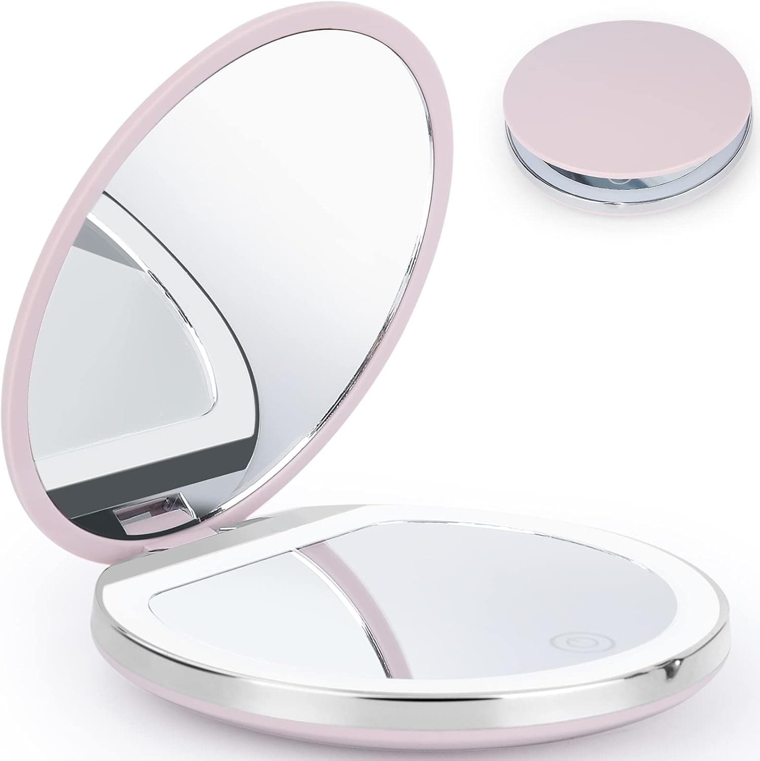 Folding Travel Mirror Lighted Makeup Mirror ， LEDs 3 Colors Light Modes USB Rechargable Batteries Portable Ultra Thin Compact Vanity Mirror with Touch Screen Dimming for Cosmetic