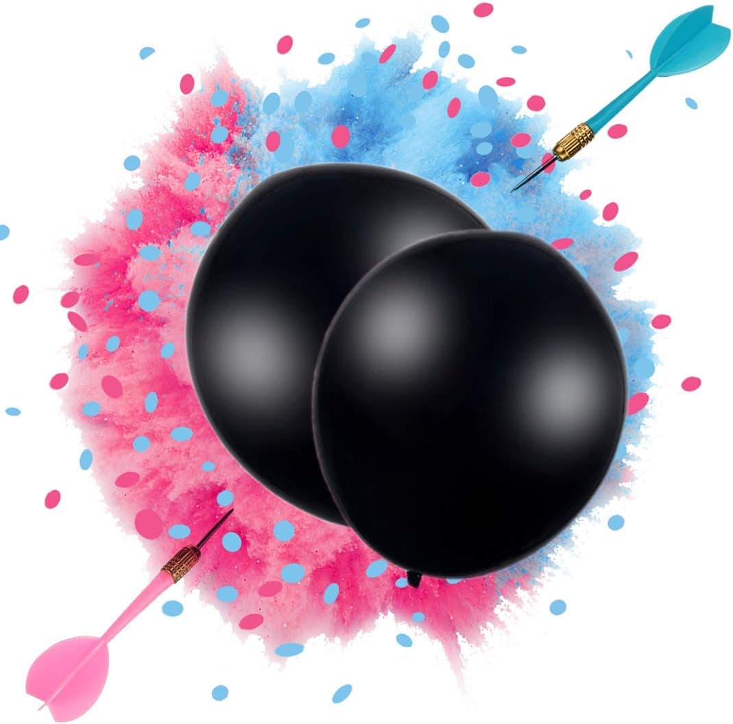 Baby Gender Reveal Party Supplies Kits 2 Black 36" Gender Reveal Balloons for Baby Boy or Girl Shower - Come with 2 Packs Blue Pink Confetti and 2 Packs Blue Pink Powder, 2 Darts